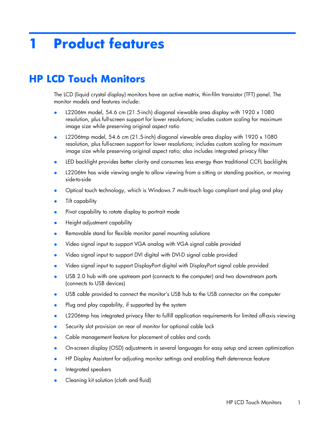 HP L2206tm Touch manual Product features, HP LCD Touch Monitors 