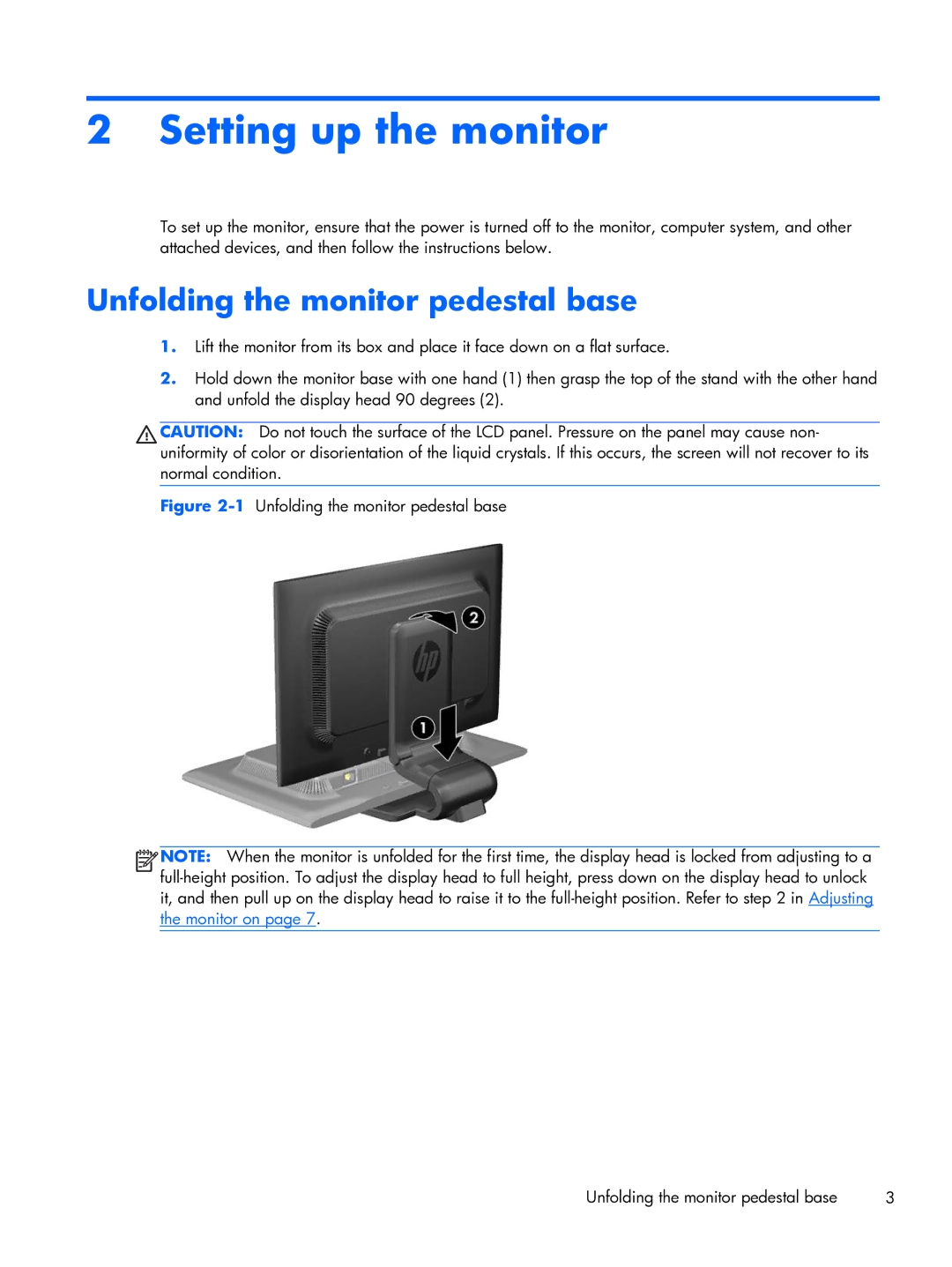 HP L2206tm Touch manual Setting up the monitor, Unfolding the monitor pedestal base 