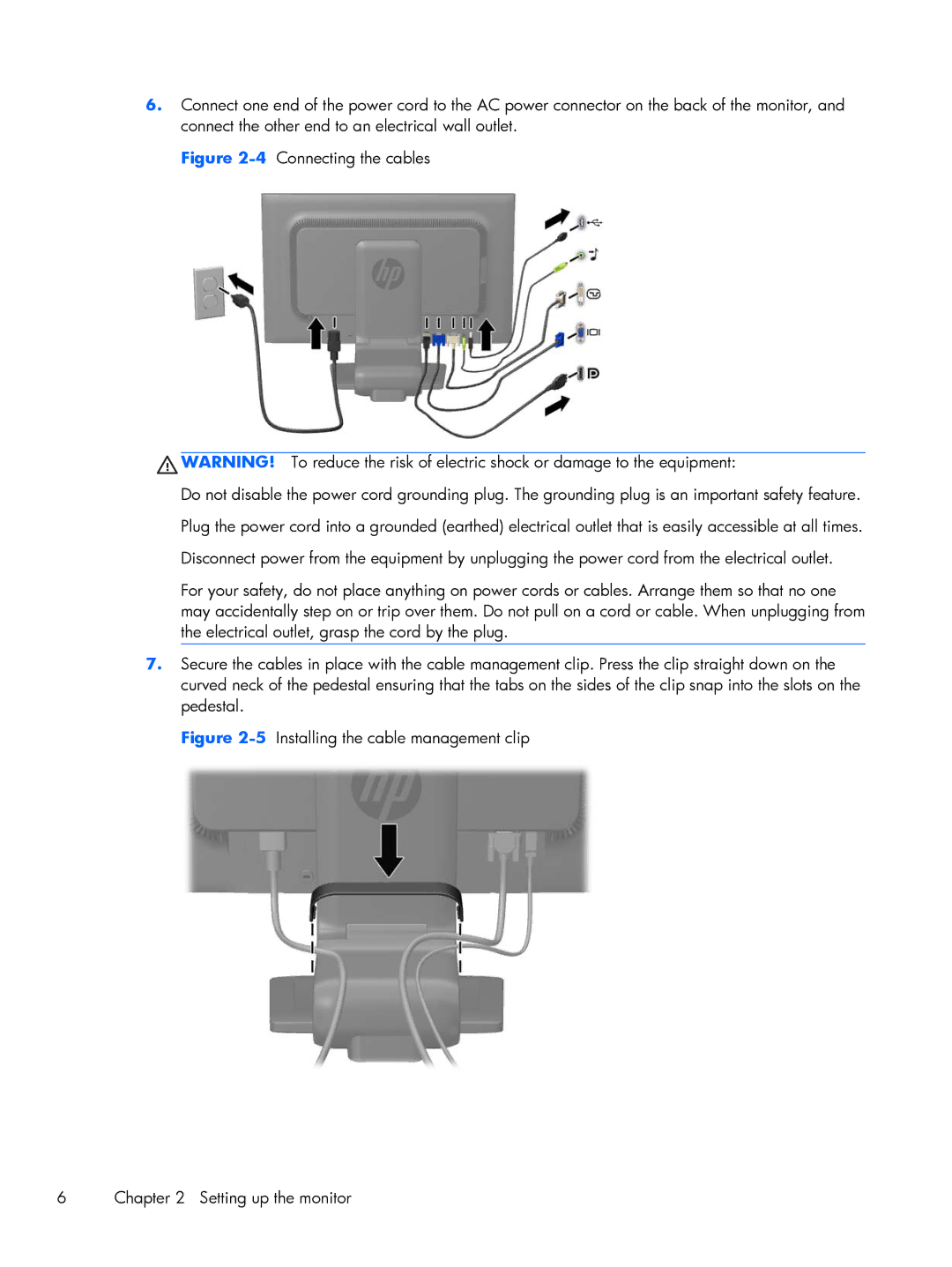 HP L2206TMP manual 5Installing the cable management clip Setting up the monitor 