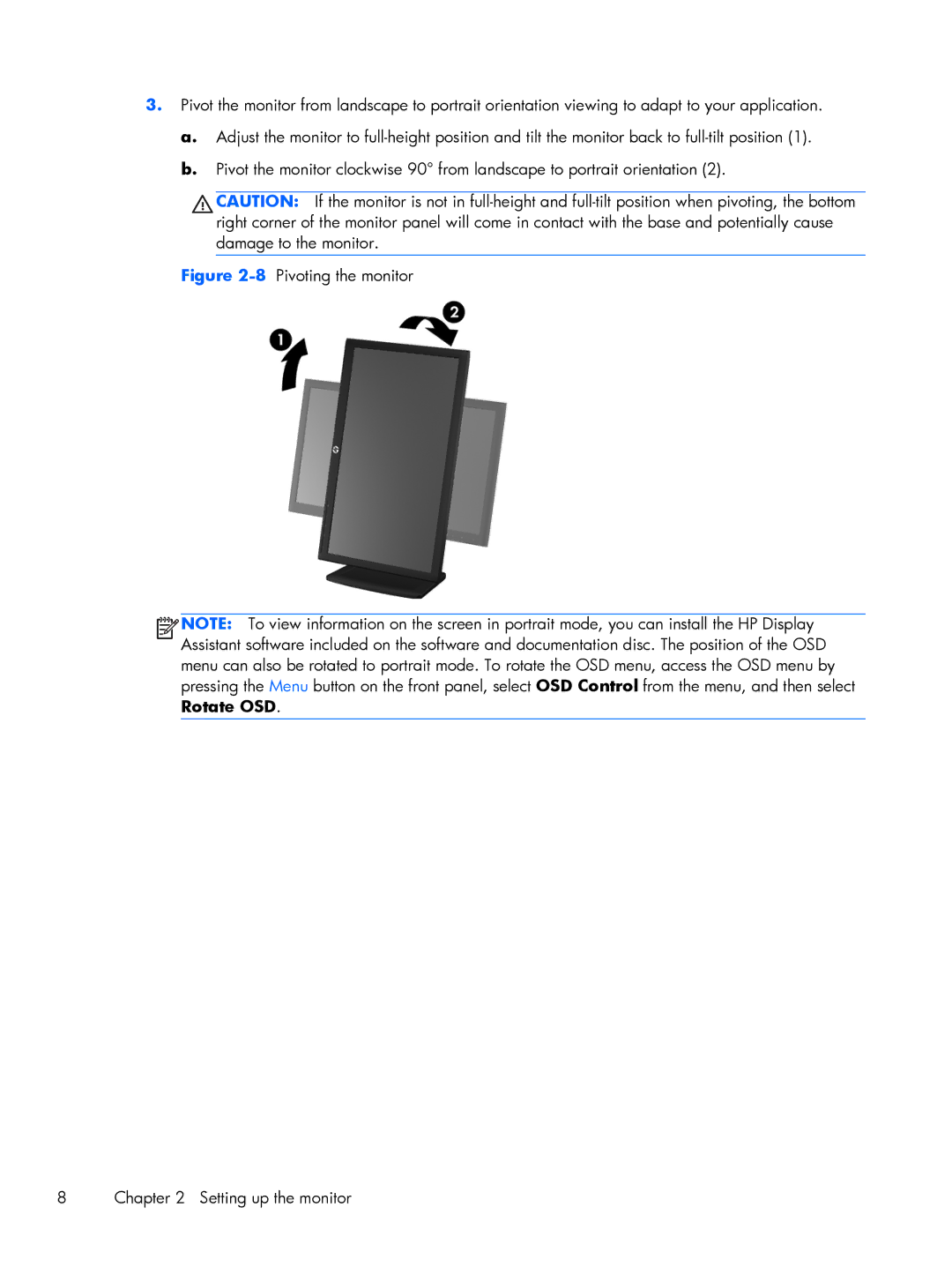 HP L2206TMP manual 8Pivoting the monitor Setting up the monitor 