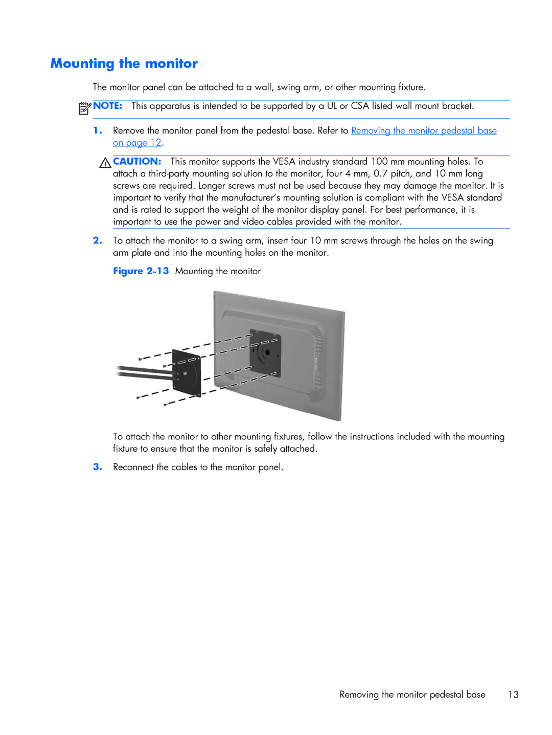 HP L2206TMP manual Mounting the monitor 