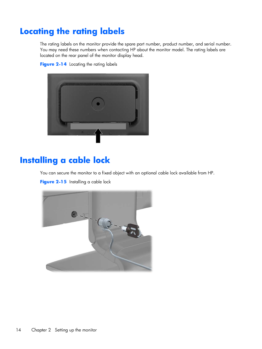 HP L2206TMP manual Locating the rating labels, Installing a cable lock 