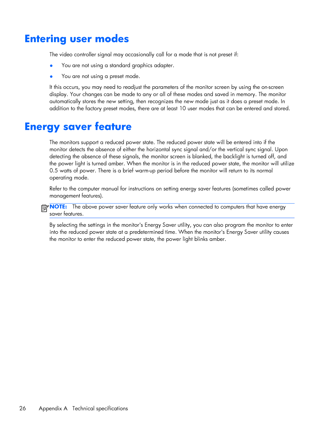 HP L2206TMP manual Entering user modes, Energy saver feature 