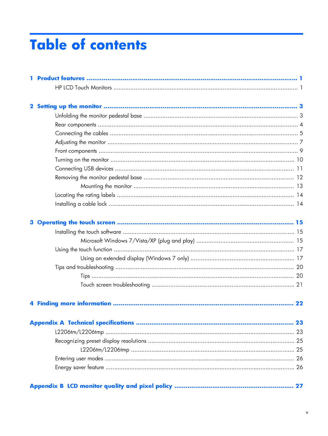 HP L2206TMP manual Table of contents 