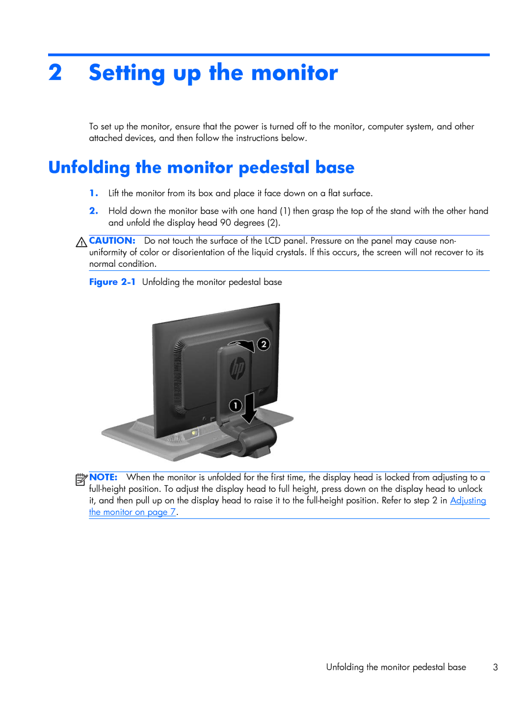 HP L2206TMP manual Setting up the monitor, Unfolding the monitor pedestal base 