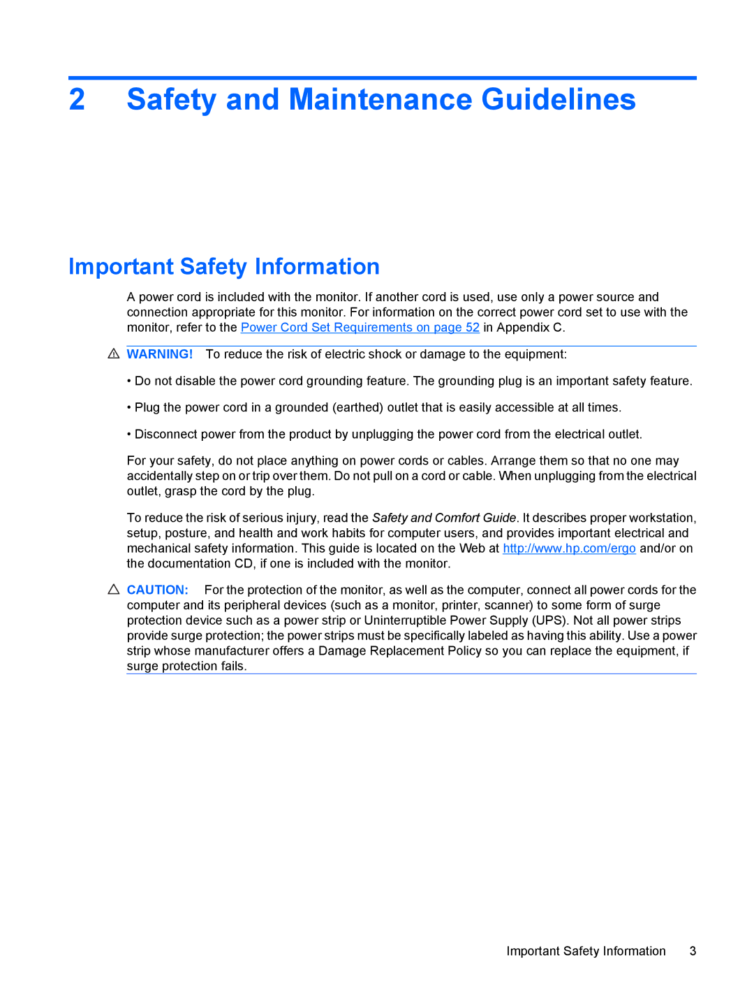 HP L1908WM, L2245W, L2208W, L1950, L1945WV, L1710, L1750 manual Safety and Maintenance Guidelines, Important Safety Information 