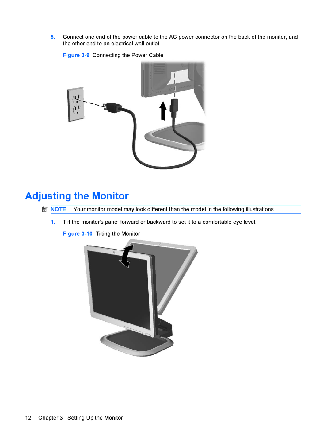 HP L1908WM, L2245W, L2208W, L1950, L1945WV, L1710, L1750 manual Adjusting the Monitor, 9Connecting the Power Cable 