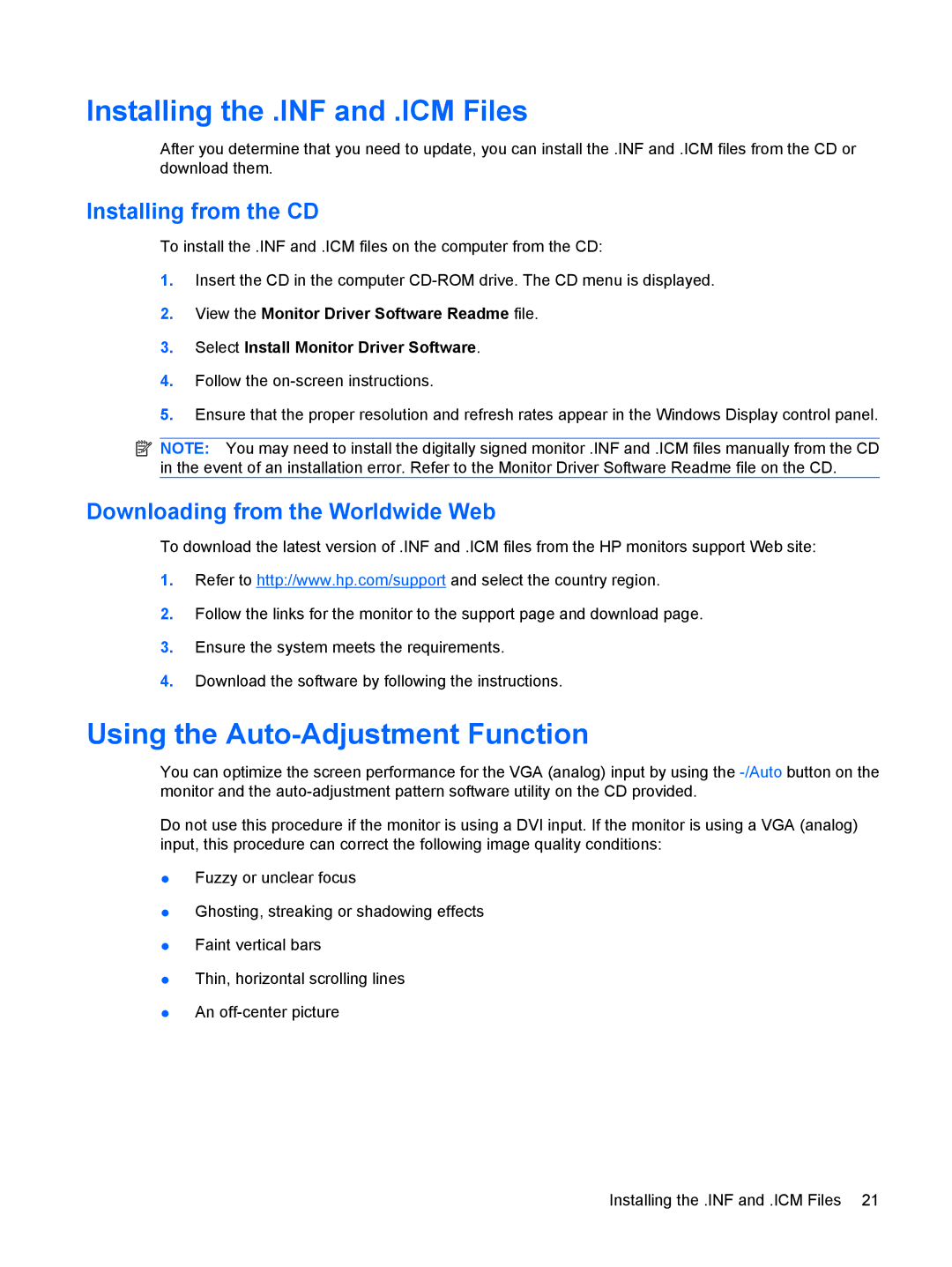 HP L1908WM, L2245W, L2208W Installing the .INF and .ICM Files, Using the Auto-Adjustment Function, Installing from the CD 