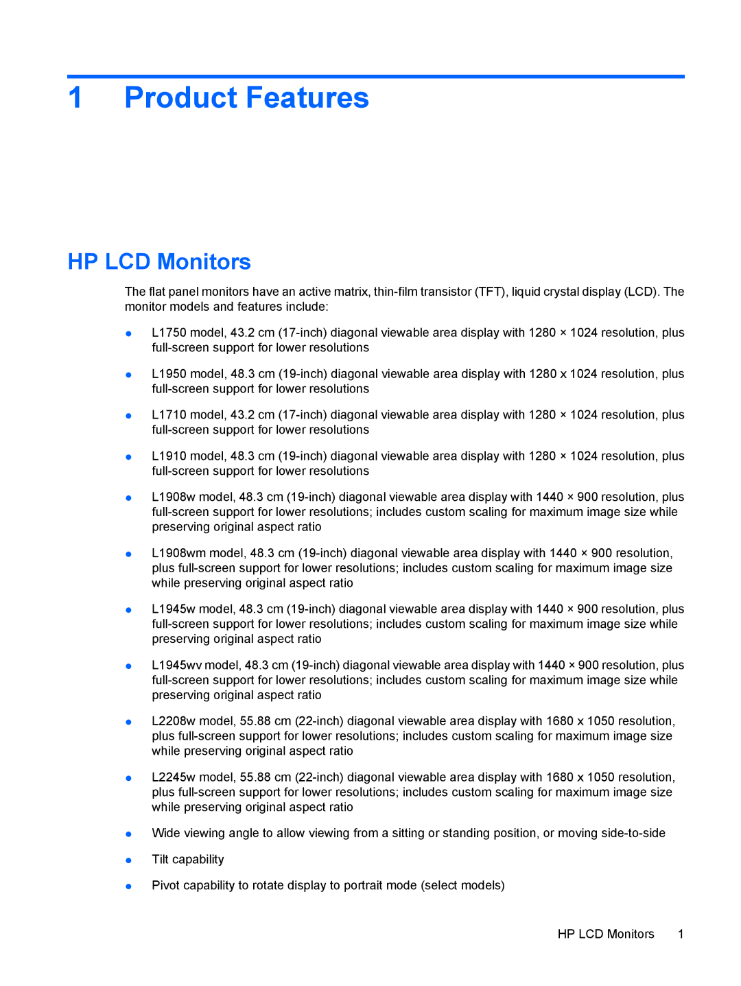 HP L2245W, L2208W, L1908WM, L1950, L1945WV, L1710, L1750 manual Product Features, HP LCD Monitors 