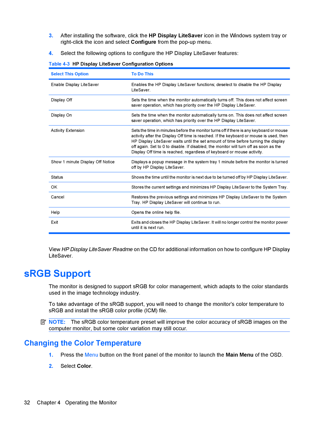 HP L2245W, L2208W, L1908WM, L1950 SRGB Support, Changing the Color Temperature, 3HP Display LiteSaver Configuration Options 