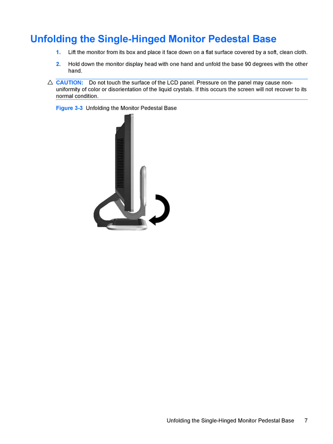 HP L2208W, L2245W, L1950, L1945WV, L1750, L1910 manual Unfolding the Single-Hinged Monitor Pedestal Base 