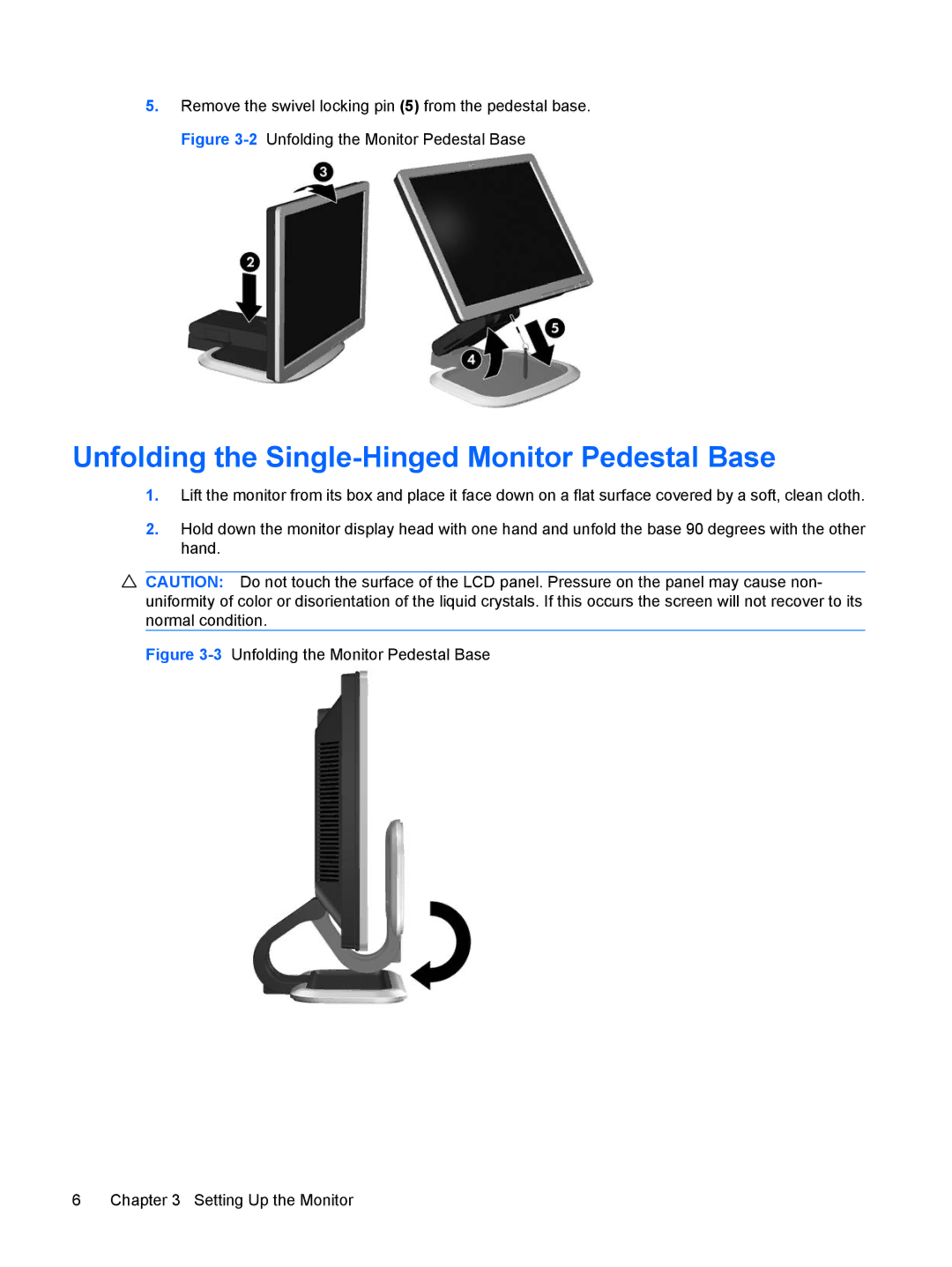 HP L2245WG Unfolding the Single-Hinged Monitor Pedestal Base, 3Unfolding the Monitor Pedestal Base Setting Up the Monitor 