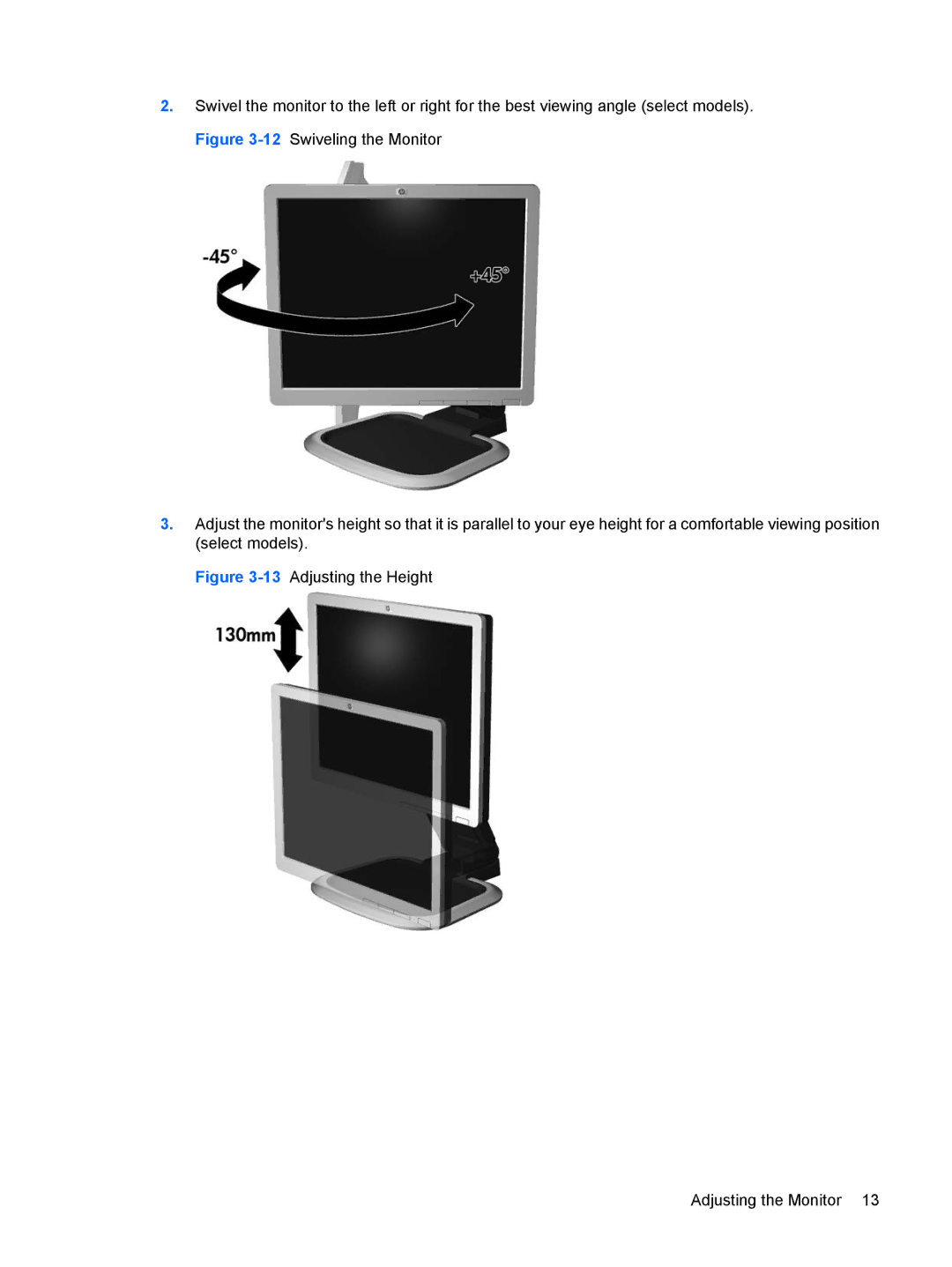 HP L2245WG manual 13Adjusting the Height Adjusting the Monitor 