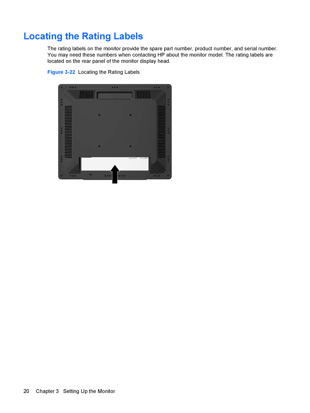 HP L2245WG manual 22Locating the Rating Labels Setting Up the Monitor 