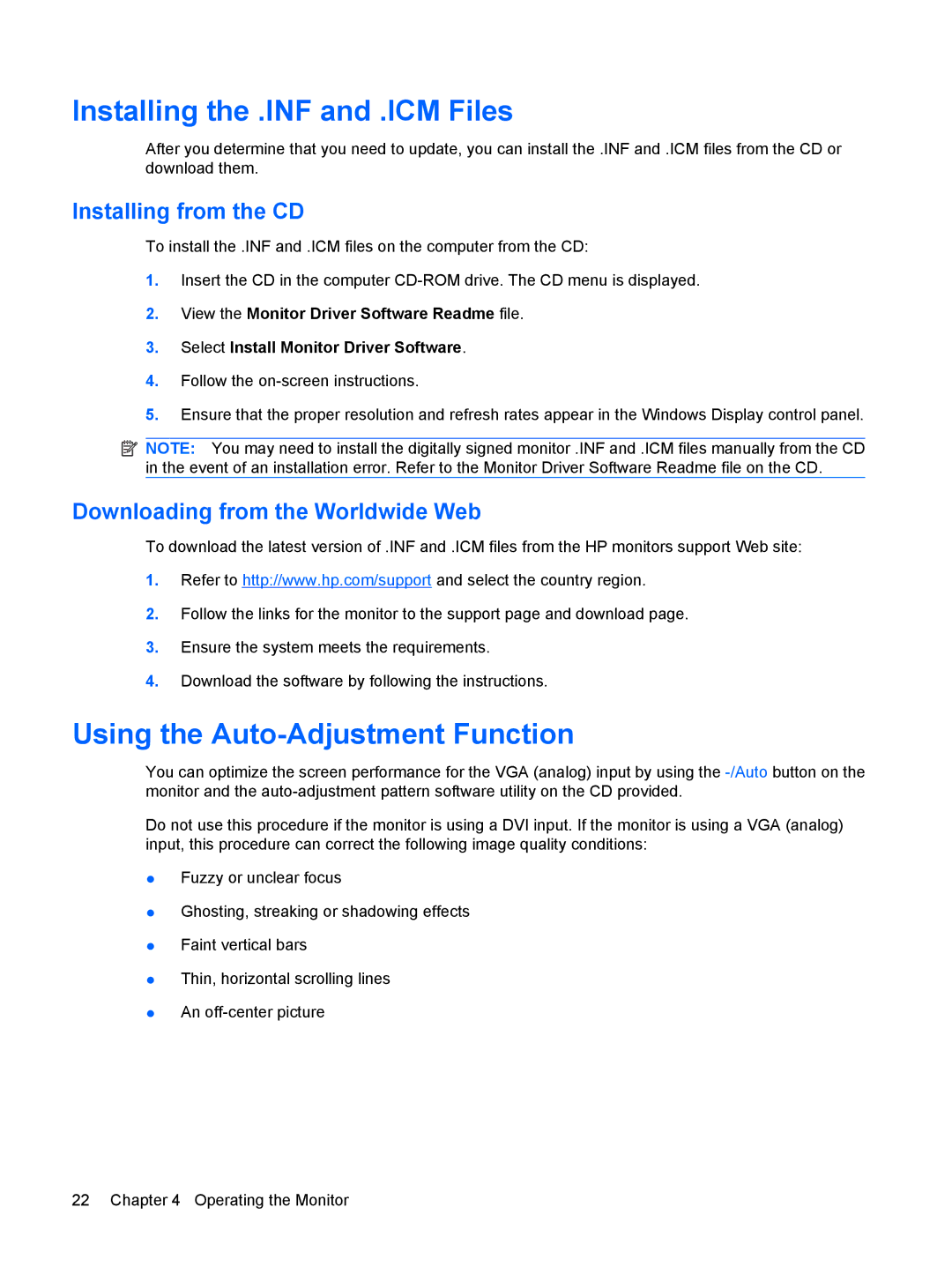 HP L2245WG manual Installing the .INF and .ICM Files, Using the Auto-Adjustment Function, Installing from the CD 