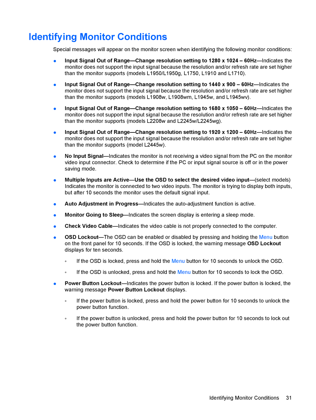 HP L2245WG manual Identifying Monitor Conditions 