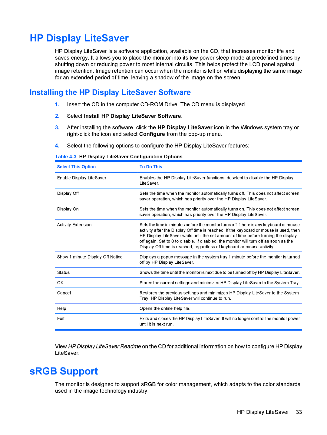 HP L2245WG SRGB Support, Installing the HP Display LiteSaver Software, 3HP Display LiteSaver Configuration Options 