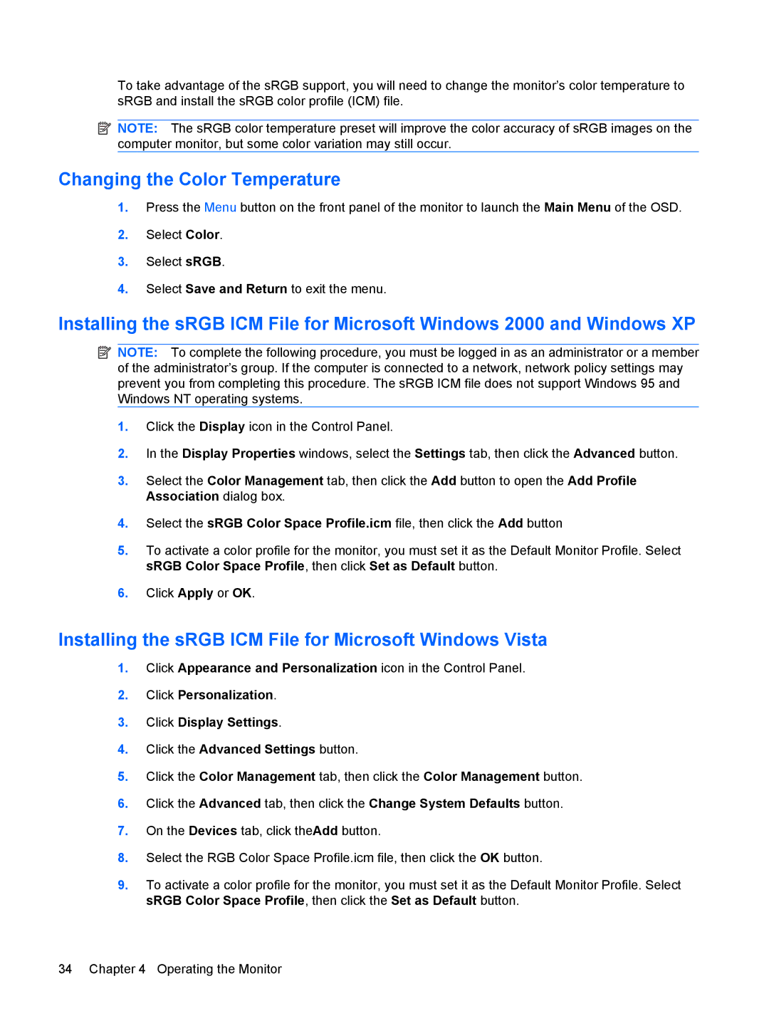 HP L2245WG manual Changing the Color Temperature, Installing the sRGB ICM File for Microsoft Windows Vista 