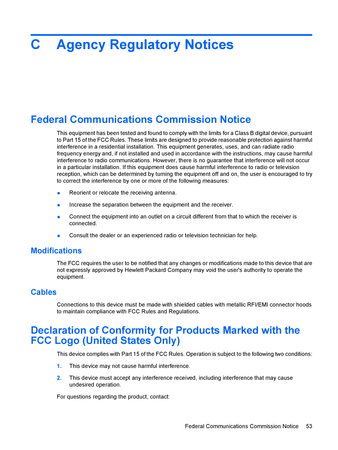 HP L2245WG manual Agency Regulatory Notices, Federal Communications Commission Notice, Modifications, Cables 