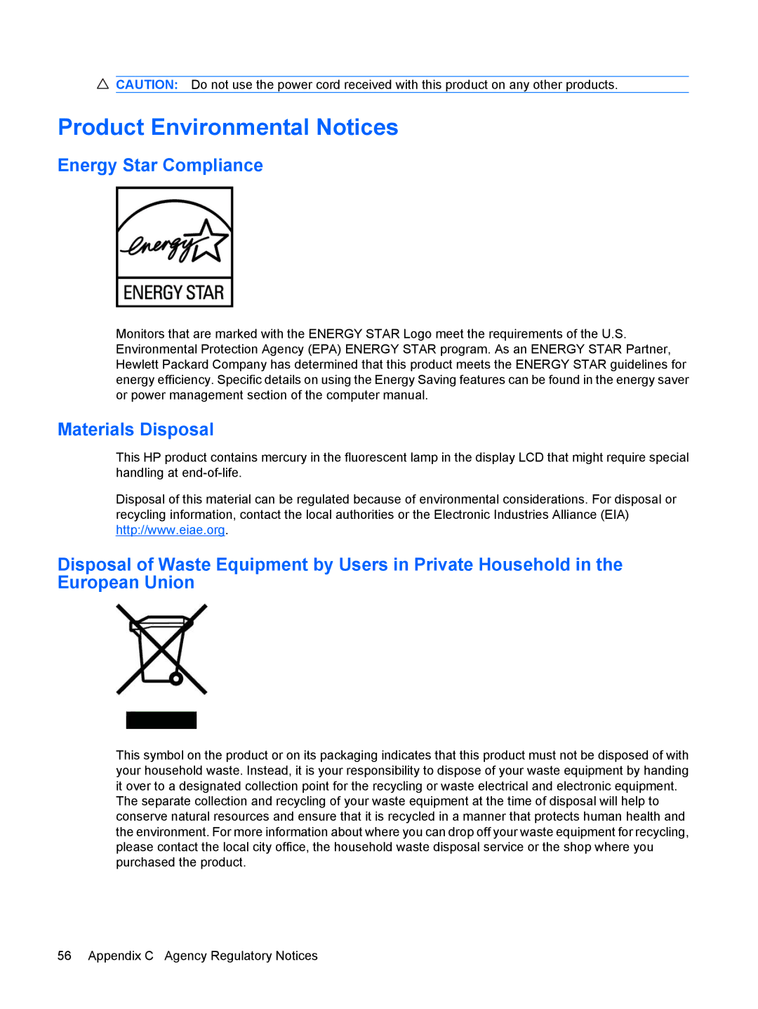 HP L2245WG manual Product Environmental Notices, Energy Star Compliance, Materials Disposal 