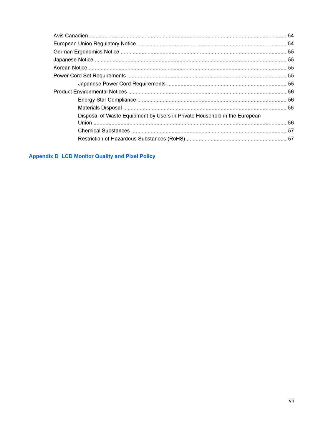 HP L2245WG manual Appendix D LCD Monitor Quality and Pixel Policy 