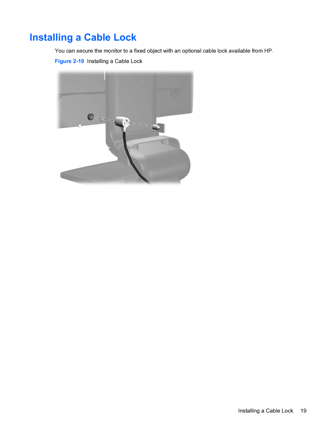 HP L2311c Docking manual 19Installing a Cable Lock 