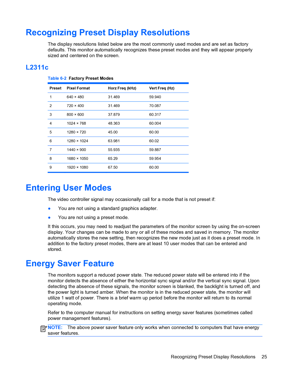 HP L2311c Docking manual Recognizing Preset Display Resolutions, Entering User Modes, Energy Saver Feature 