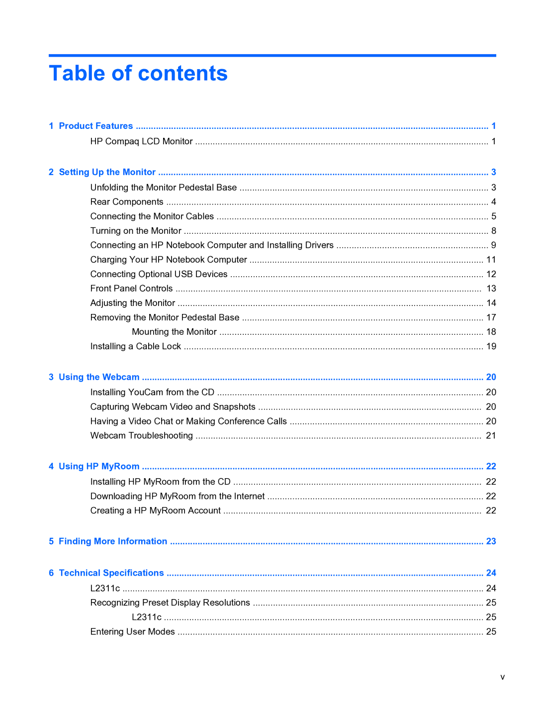 HP L2311c Docking manual Table of contents 