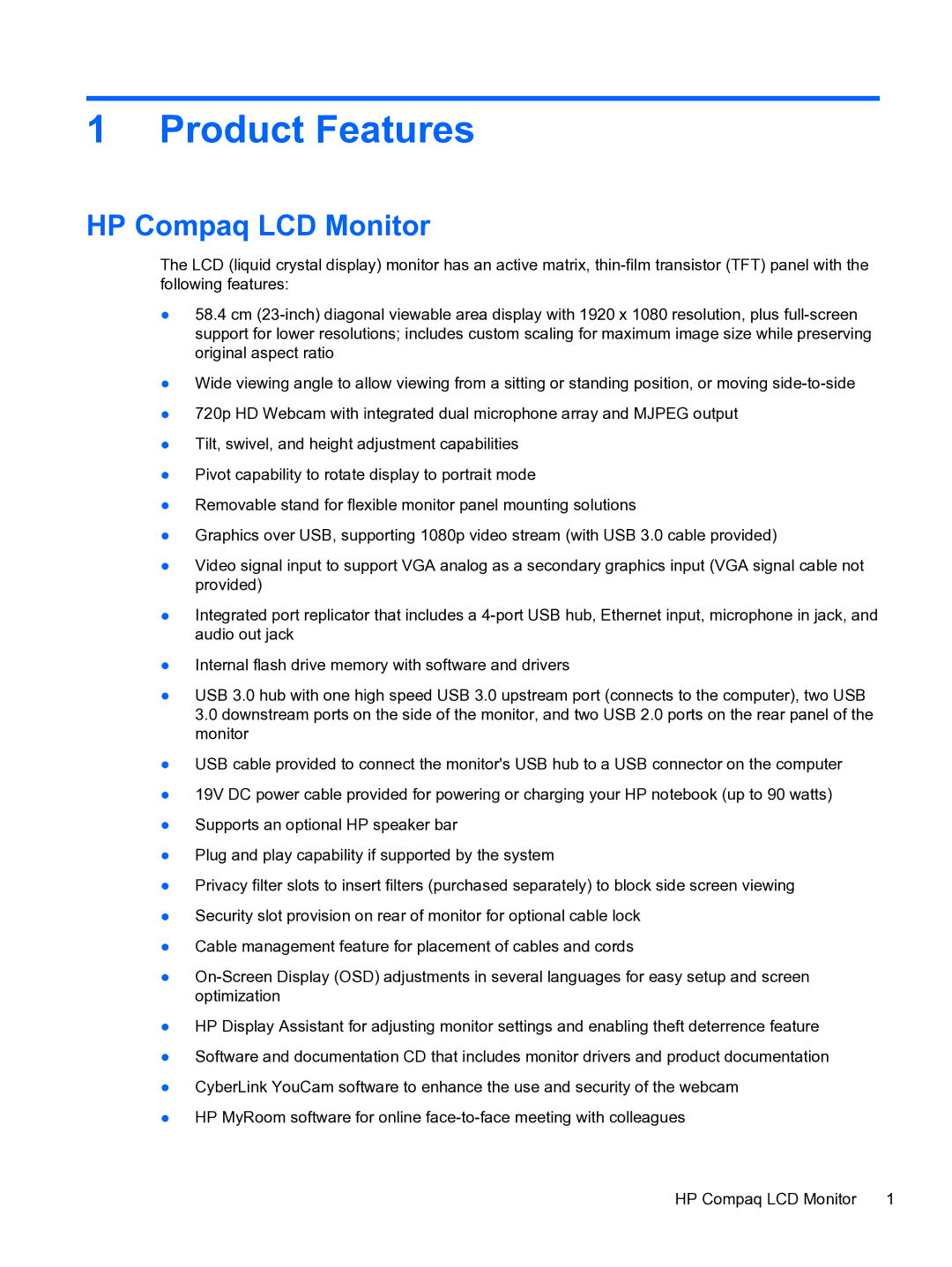 HP L2311c Docking manual Product Features, HP Compaq LCD Monitor 