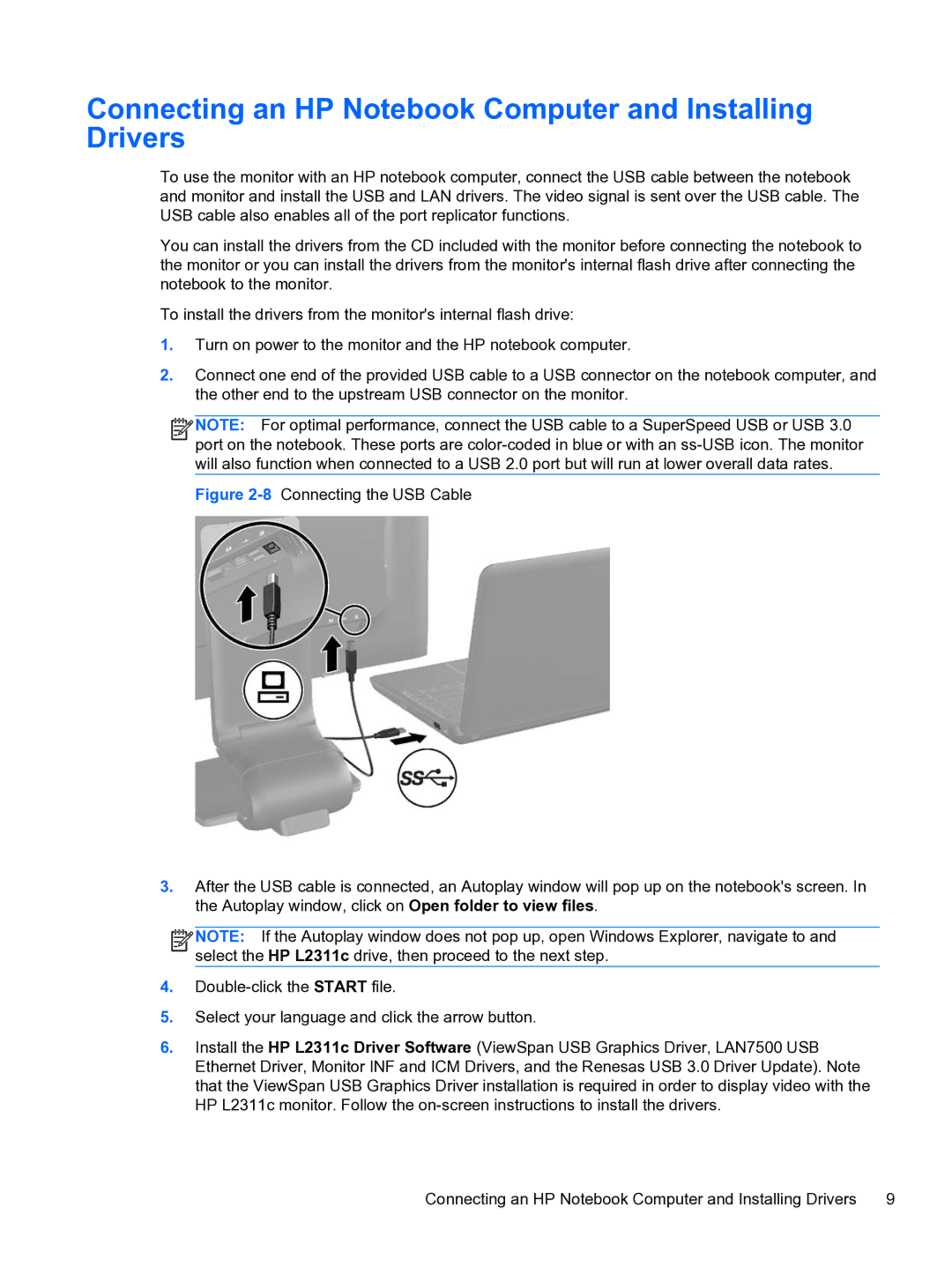 HP L2311C manual Connecting an HP Notebook Computer and Installing Drivers 