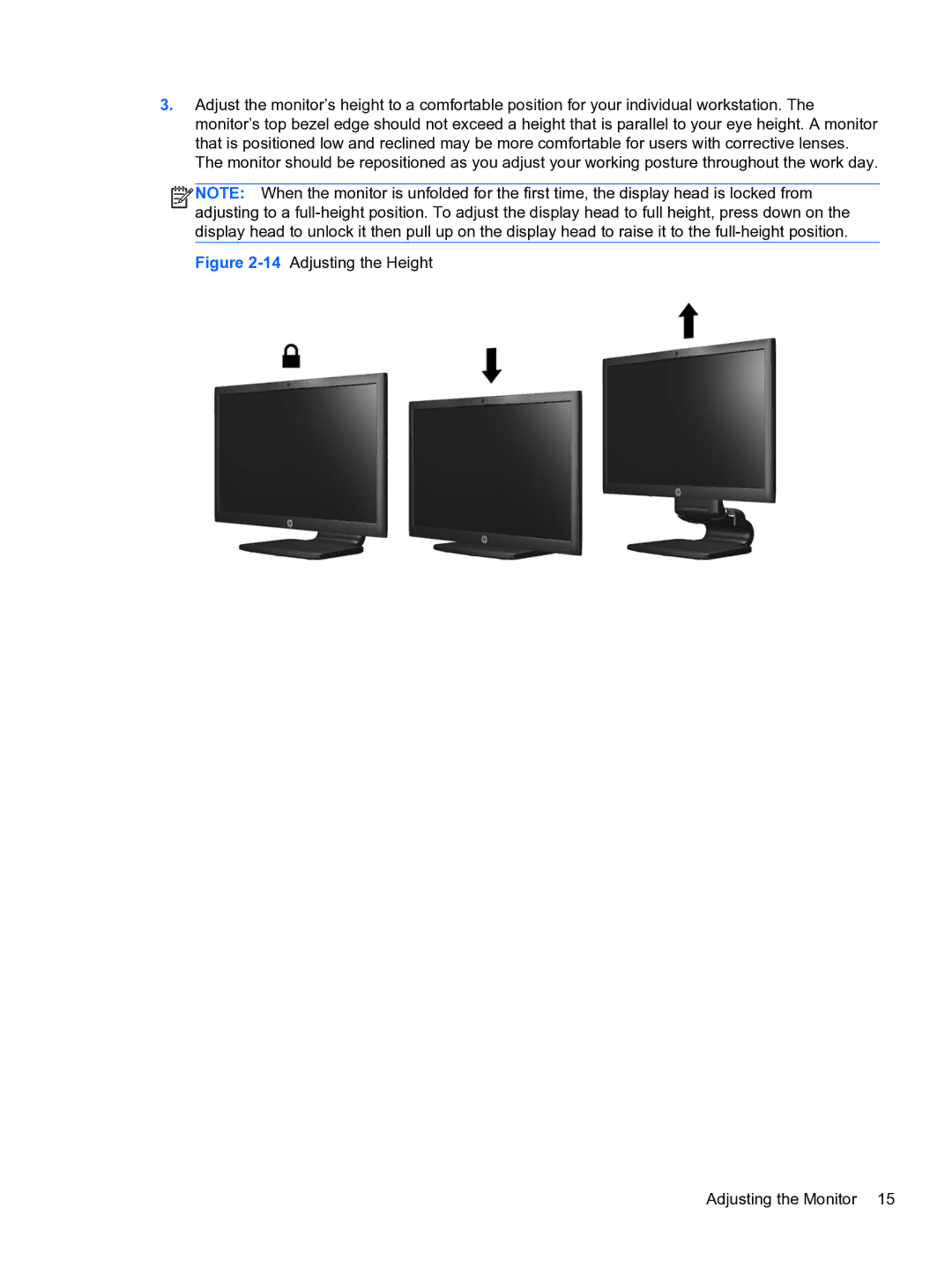 HP L2311C manual 14Adjusting the Height Adjusting the Monitor 