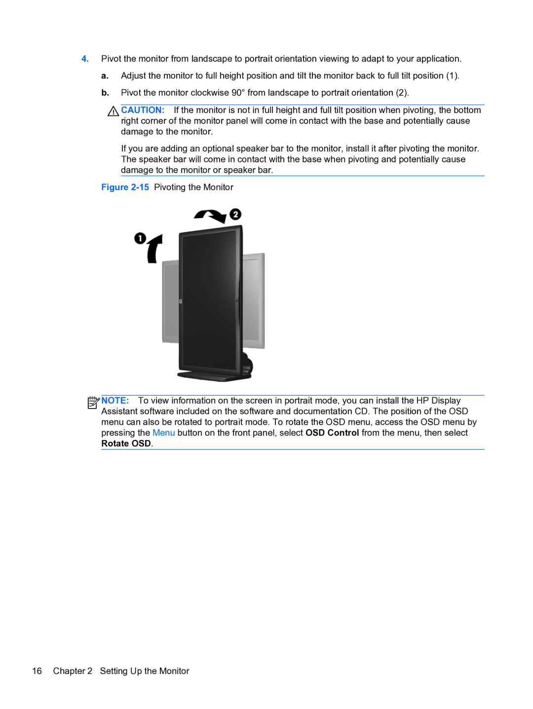 HP L2311C manual 15Pivoting the Monitor Setting Up the Monitor 