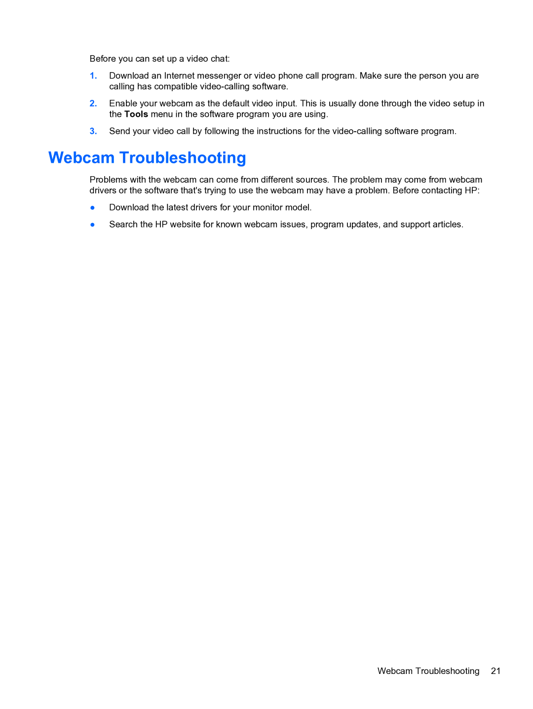 HP L2311C manual Webcam Troubleshooting 