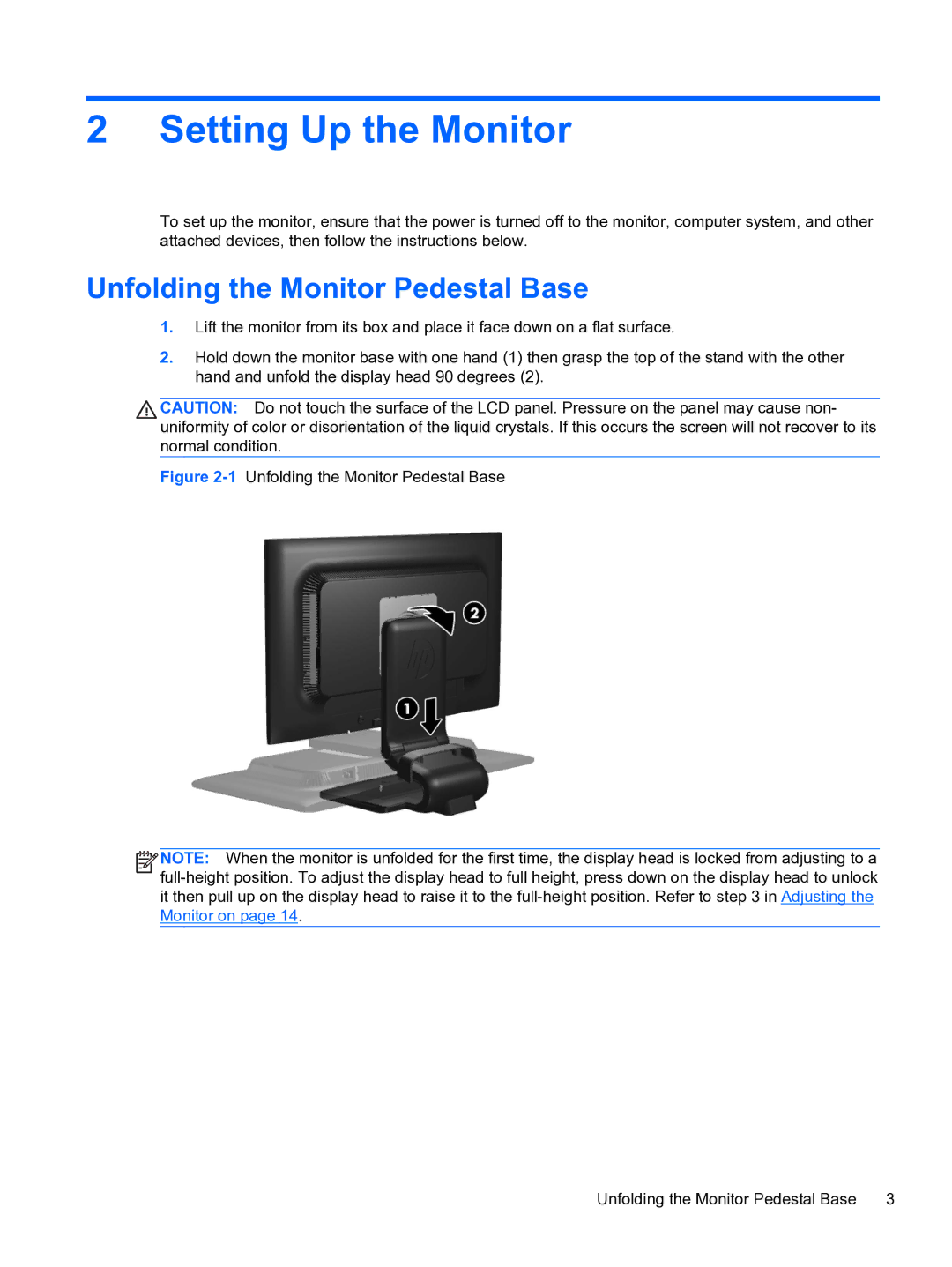 HP L2311C manual Setting Up the Monitor, Unfolding the Monitor Pedestal Base 