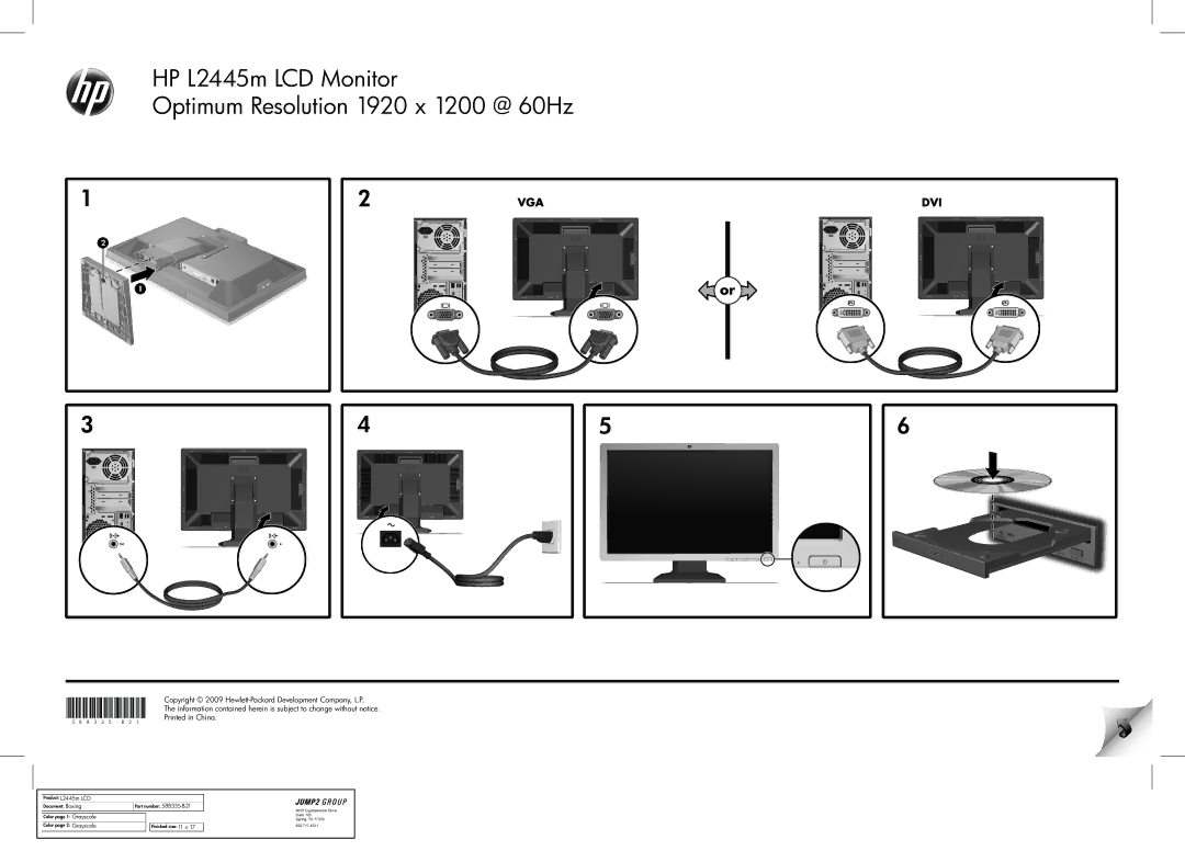 HP manual HP L2445m LCD Monitor Optimum Resolution 1920 x 1200 @ 60Hz, Product L2445m LCD 