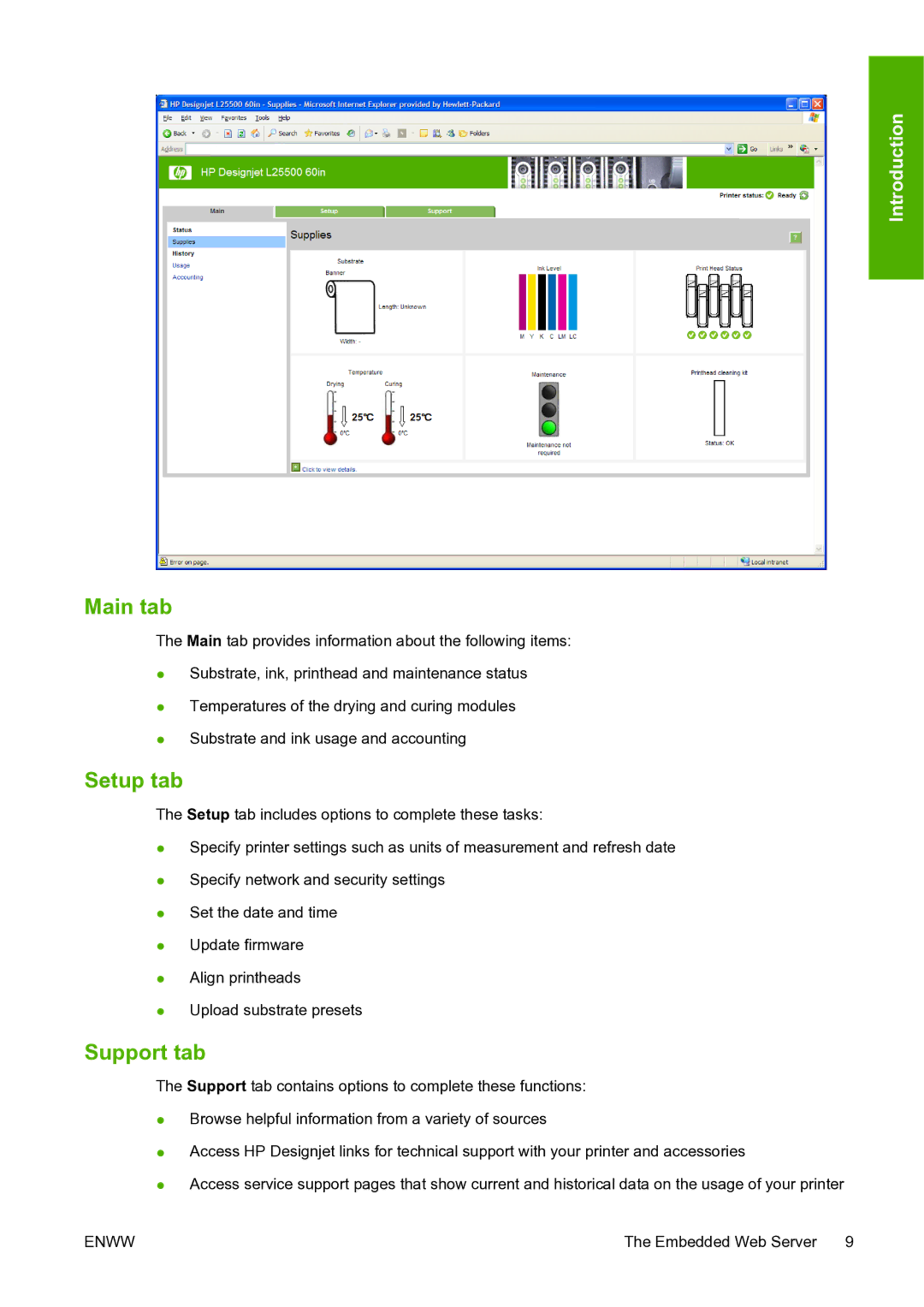 HP L25500 manual Main tab, Setup tab, Support tab 