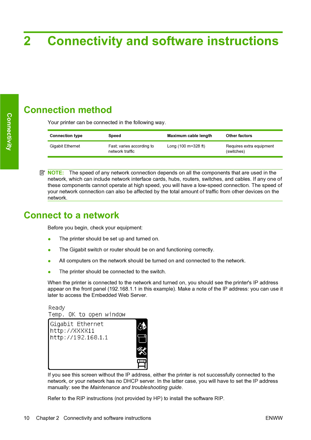 HP L25500 manual Connectivity and software instructions, Connection method, Connect to a network 