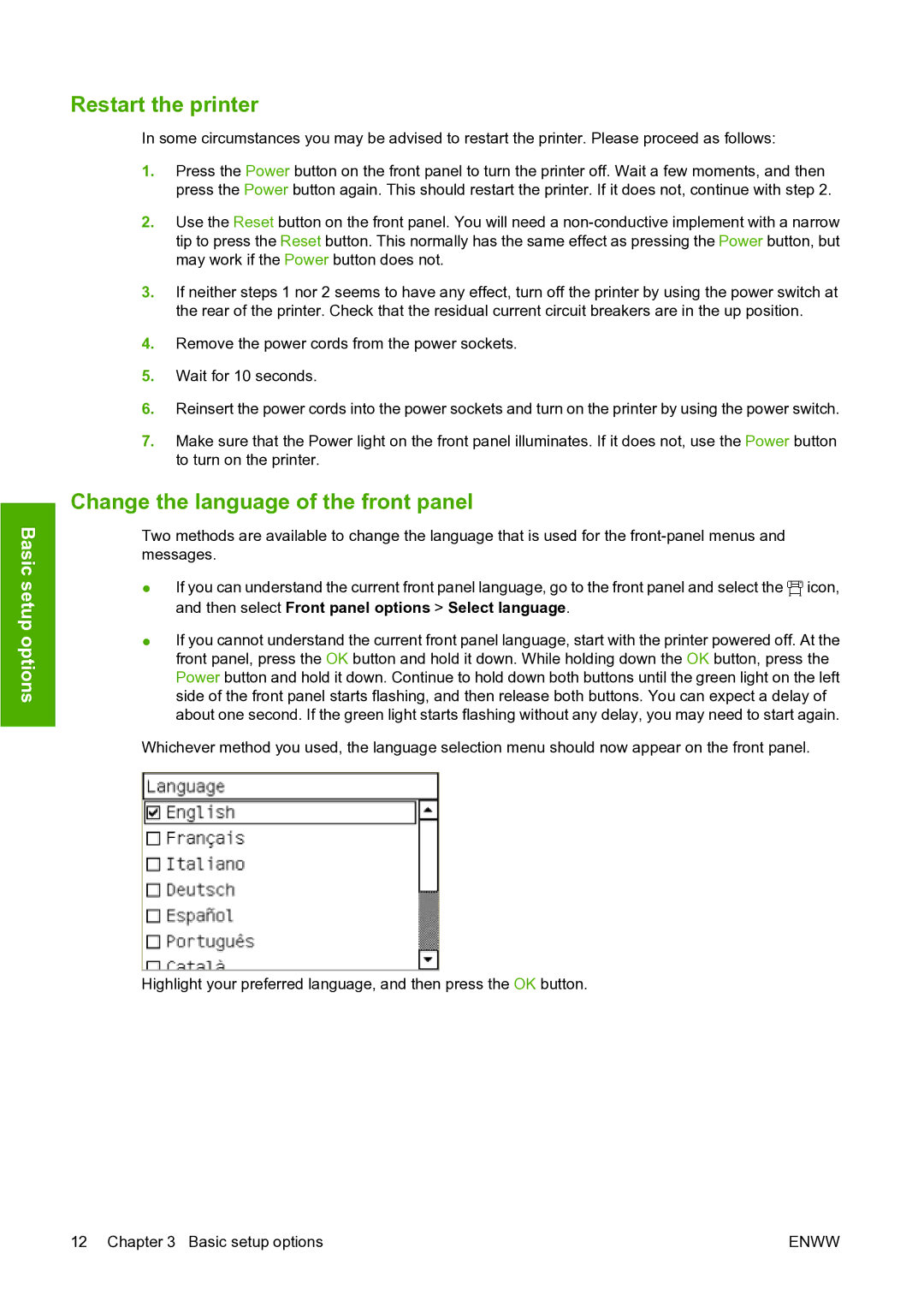 HP L25500 manual Restart the printer, Change the language of the front panel 