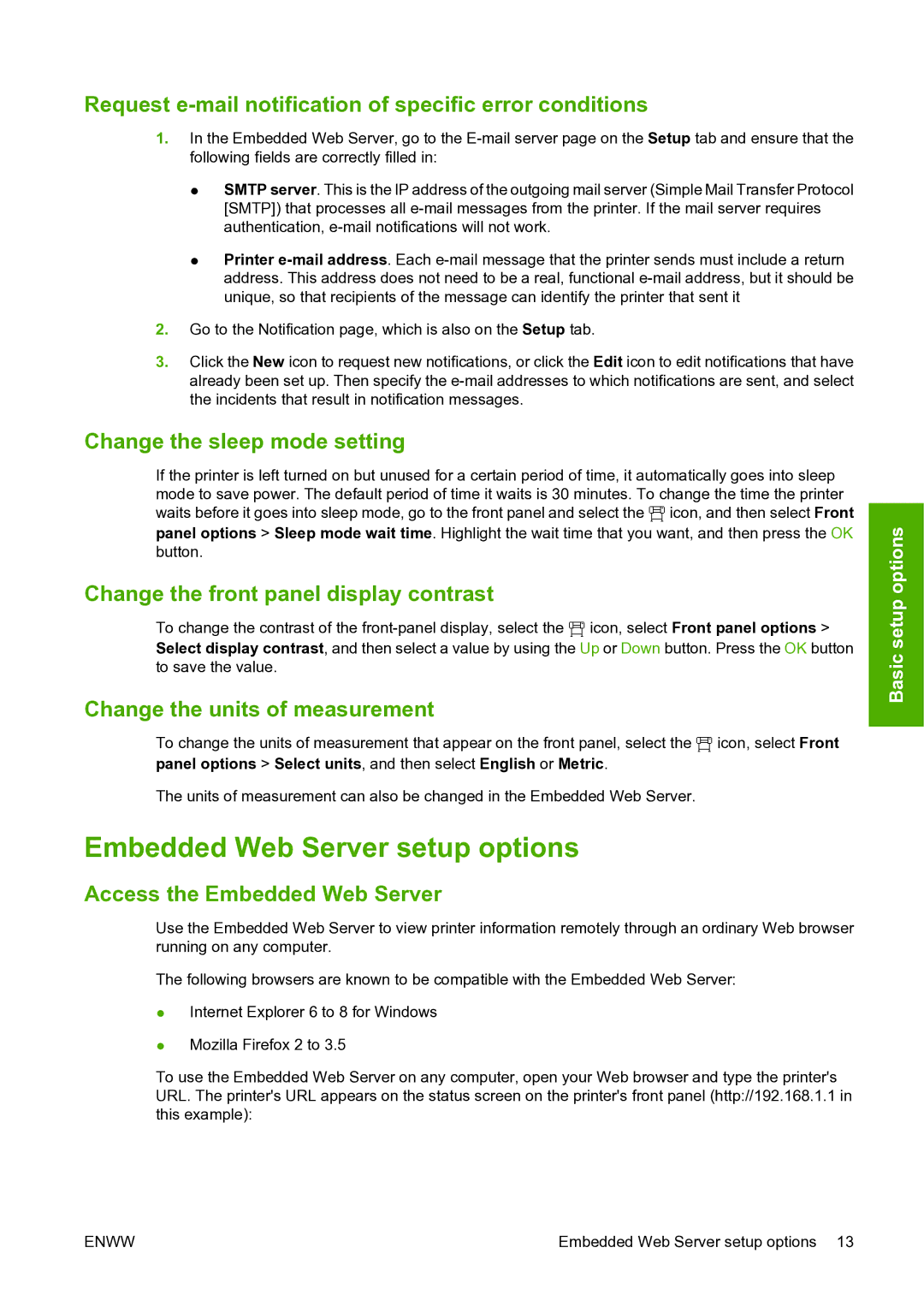 HP L25500 manual Embedded Web Server setup options 