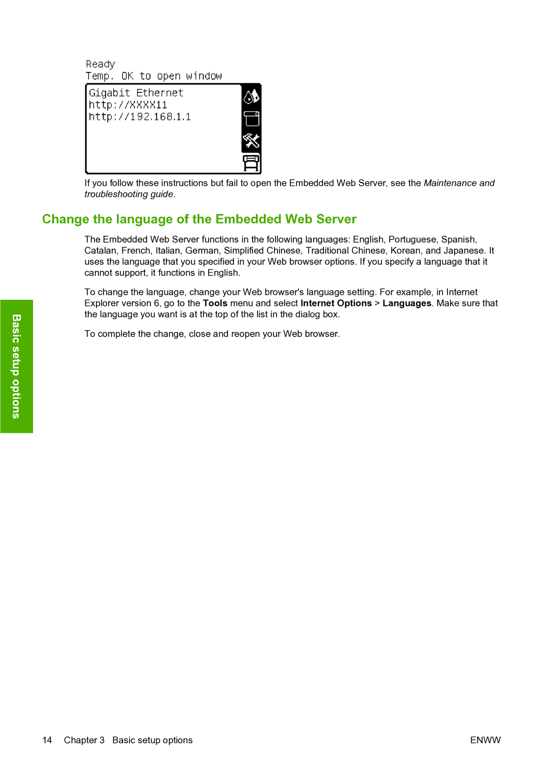 HP L25500 manual Change the language of the Embedded Web Server 