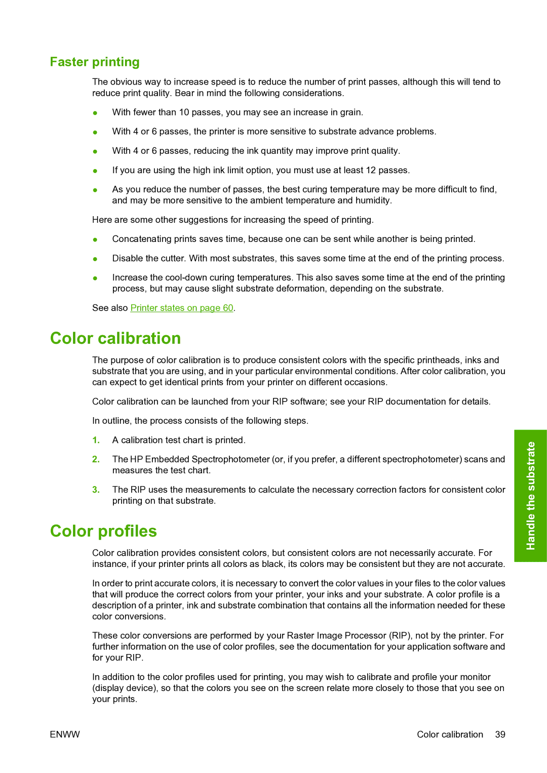 HP L25500 manual Color calibration, Color profiles, Faster printing 