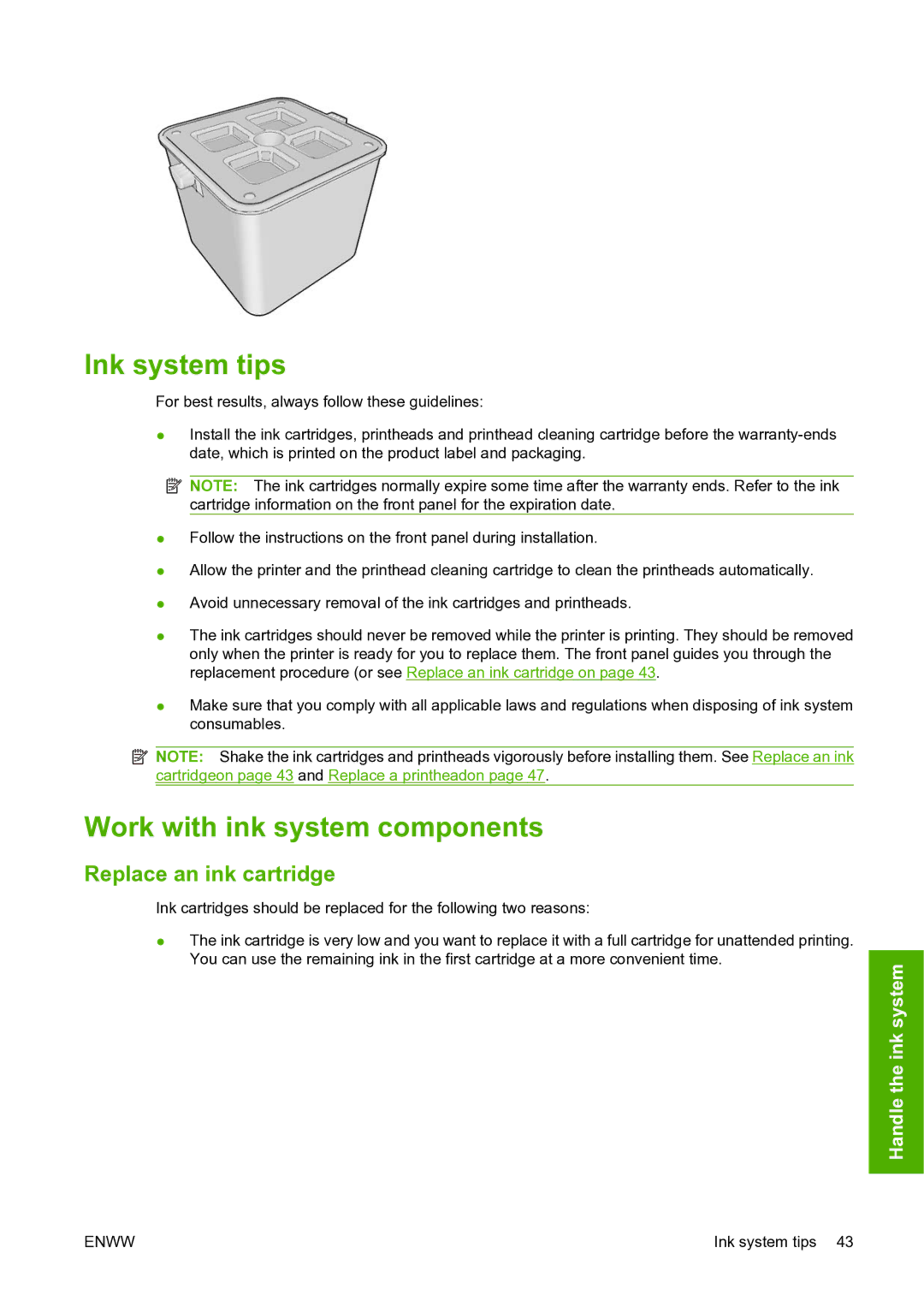 HP L25500 manual Ink system tips, Work with ink system components, Replace an ink cartridge 