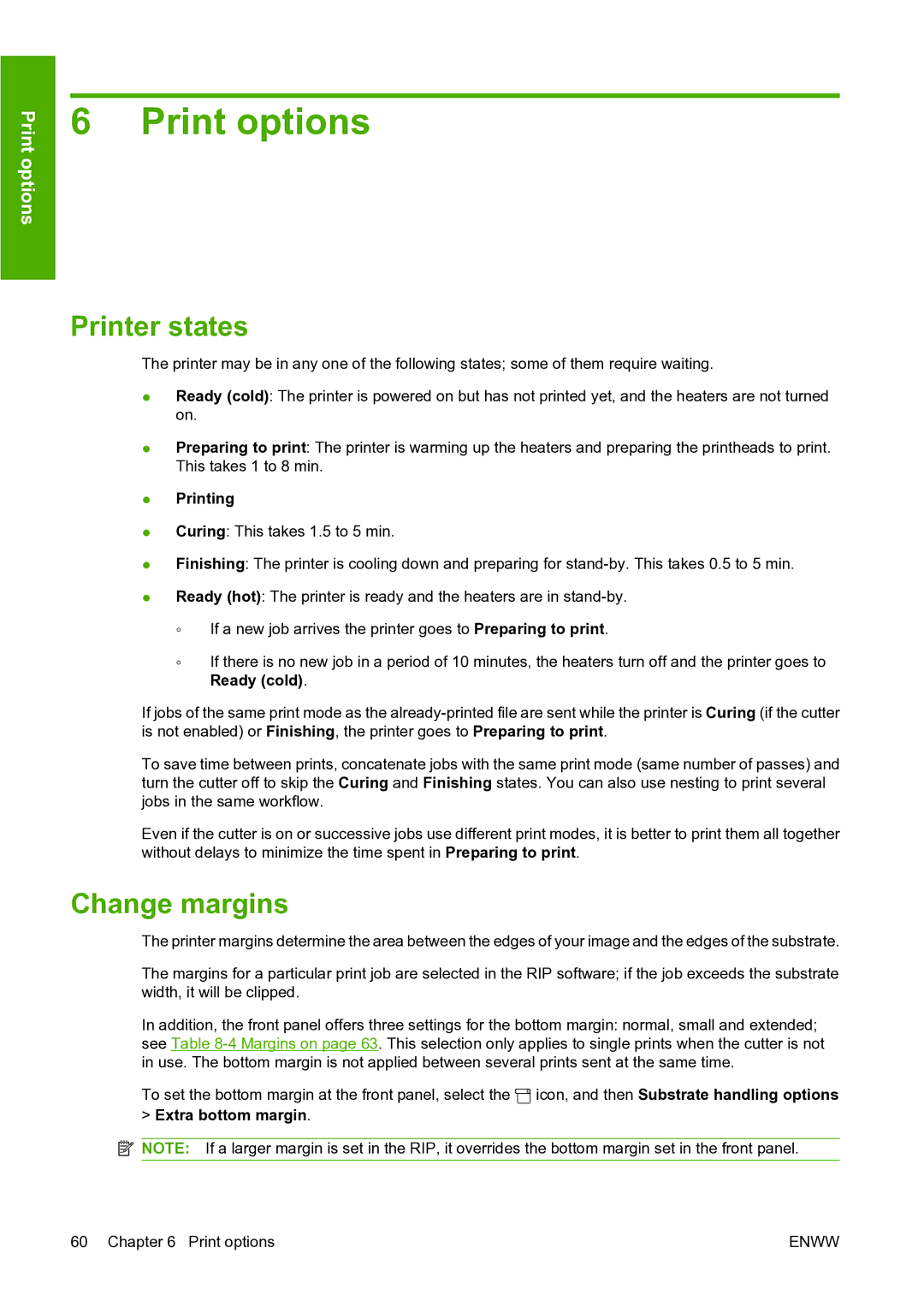 HP L25500 manual Print options, Printer states, Change margins 