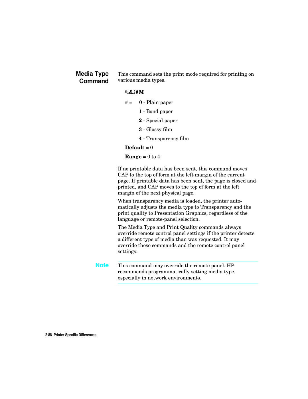 HP L5 manual Media Type Command 