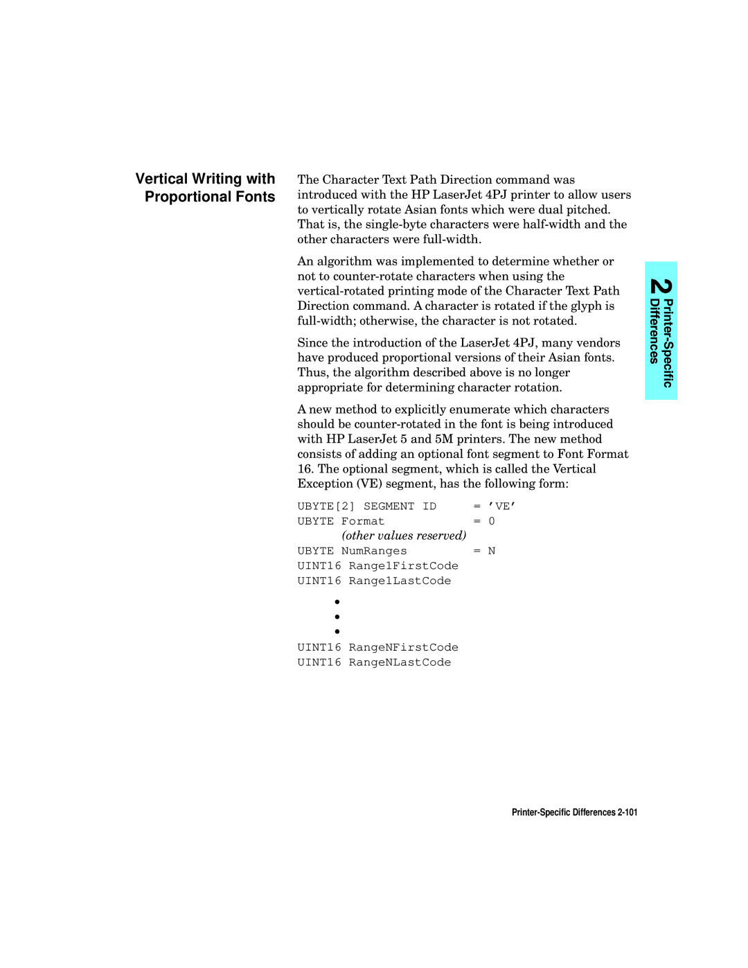 HP L5 manual Vertical Writing with Proportional Fonts, Other values reserved 