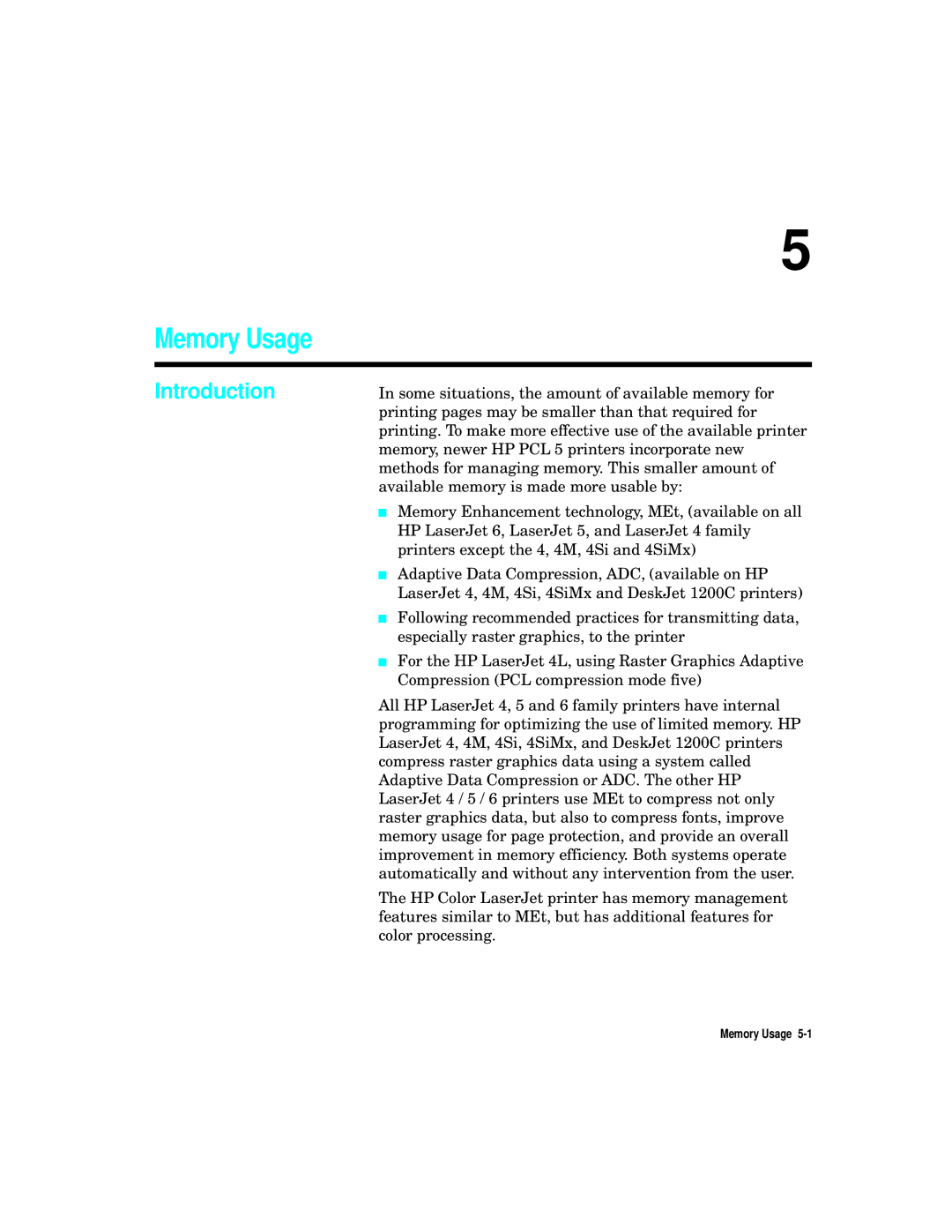 HP L5 manual Memory Usage 