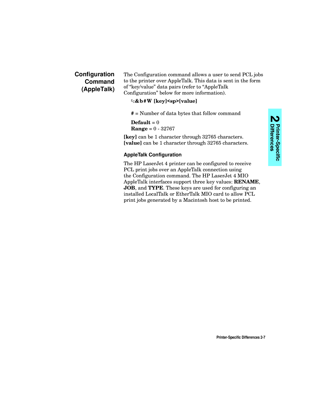 HP L5 manual Configuration Command AppleTalk, AppleTalk Configuration 