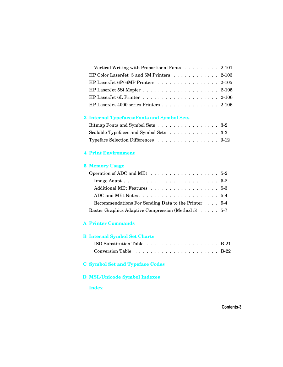 HP L5 manual Internal Typefaces/Fonts and Symbol Sets, Contents-3 