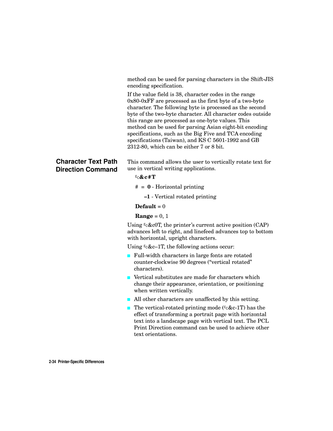 HP L5 manual Character Text Path Direction Command, Default = Range = 0 