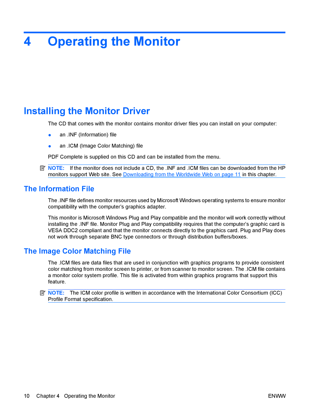 HP L5006TM, L5009TM manual Operating the Monitor, Installing the Monitor Driver, Information File, Image Color Matching File 